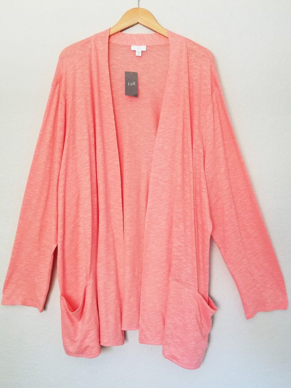 NEW J. Jill Open Front Linen Blend Lightweight Long Sleeve Cardigan Grapefruit